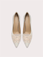 Elegant pearl lace bridal pumps with pointed toe