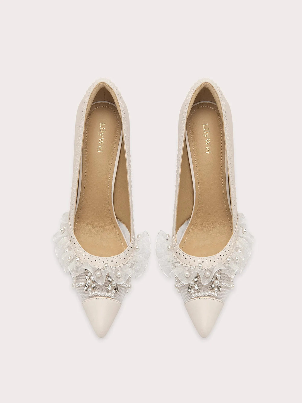 Leather mesh pumps with pearl ruffle detailing