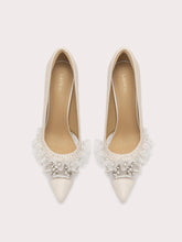 Leather mesh pumps with pearl ruffle detailing
