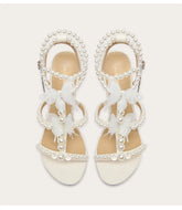 Front view of pearl T-band wedding sandals for women