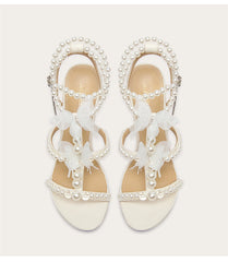 Front view of pearl T-band wedding sandals for women
