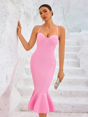 Pink bandage ruffle midi dress styled for elegant parties and summer events