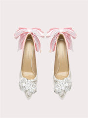 Pink bow crystal stiletto heels with butterfly-knot and embellishments