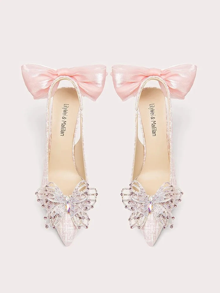 Pink butterfly bow heels with pointed toe and Lolita detailing