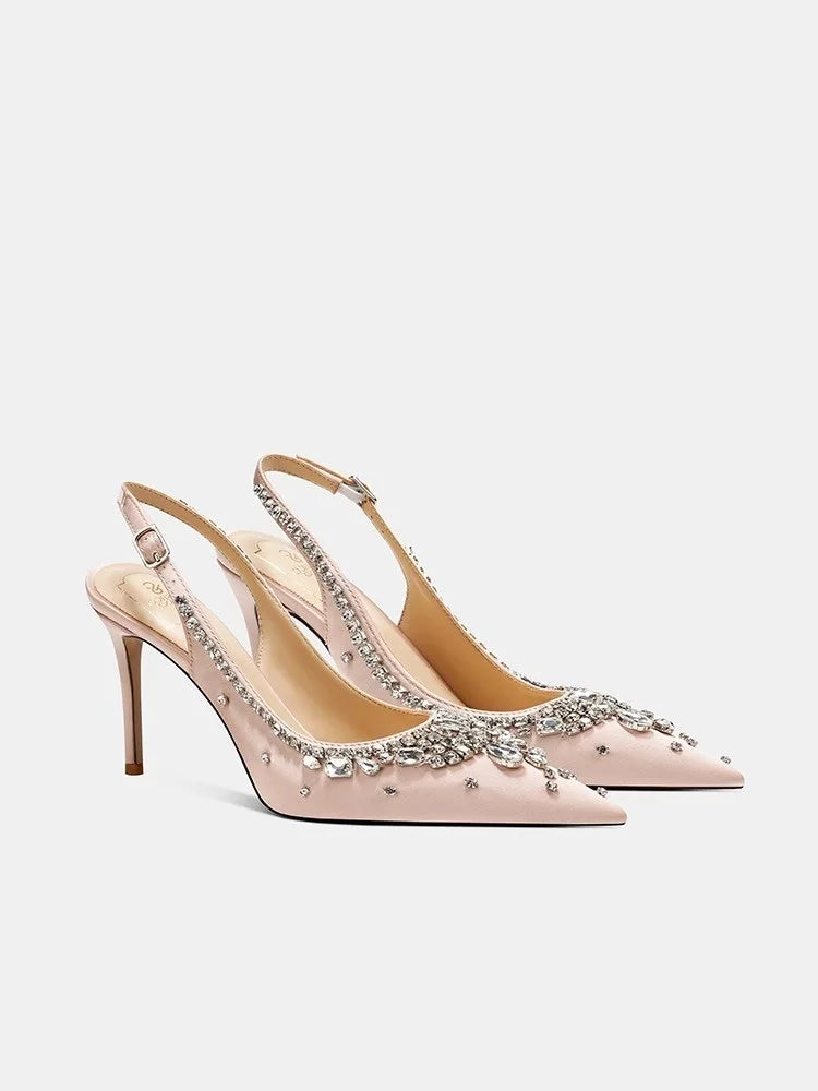Pink crystal silk slingback heels styled for wedding and event looks