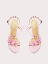 Pink floral butterfly-knot heels with 3D flowers and thin ankle strap