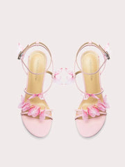 Pink floral butterfly-knot heels with 3D flowers and thin ankle strap