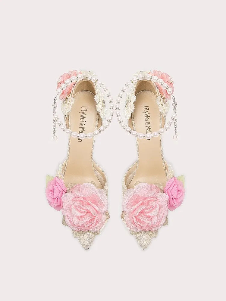 Pink floral pearl wedding sandals styled for romantic bridal celebrations