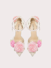 Pink floral pearl wedding sandals styled for romantic bridal celebrations
