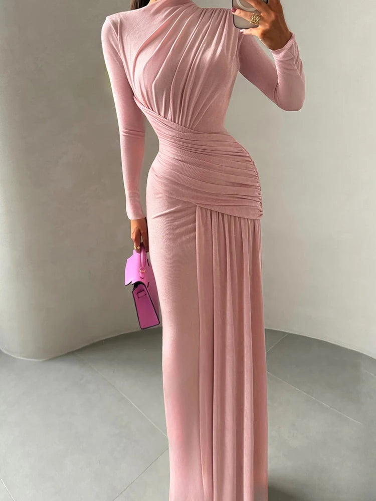 pink formal drape maxi dress perfect for weddings or galas