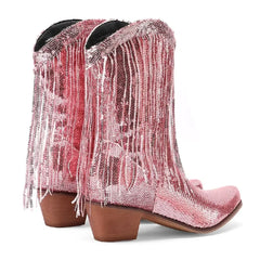 Sparkling fringe boot with square toe