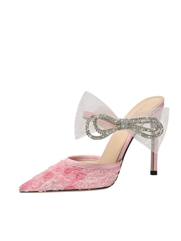 Pink gemstone pointed heel mules for trending events