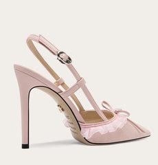 A side view of the elegant thin-heel sandals.