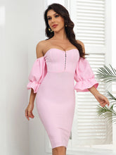 pink lantern sleeve bandage midi dress sweetheart neckline