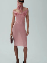 Pink sling patchwork flower mesh midi dress styled for partywear