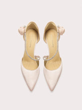 Pink silk sandals with pearl and rhinestone flower accents