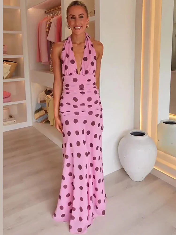 Pink Polka Dot Halter Maxi | Backless Summer Dress Pink Polka Dot Halter Maxi | Backless Summer Dress