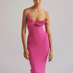 Ruched V-neck slip midi dress with slender straps and fitted silhouette