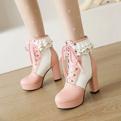 Pink ankle boots with ruffled collar and lace-up front