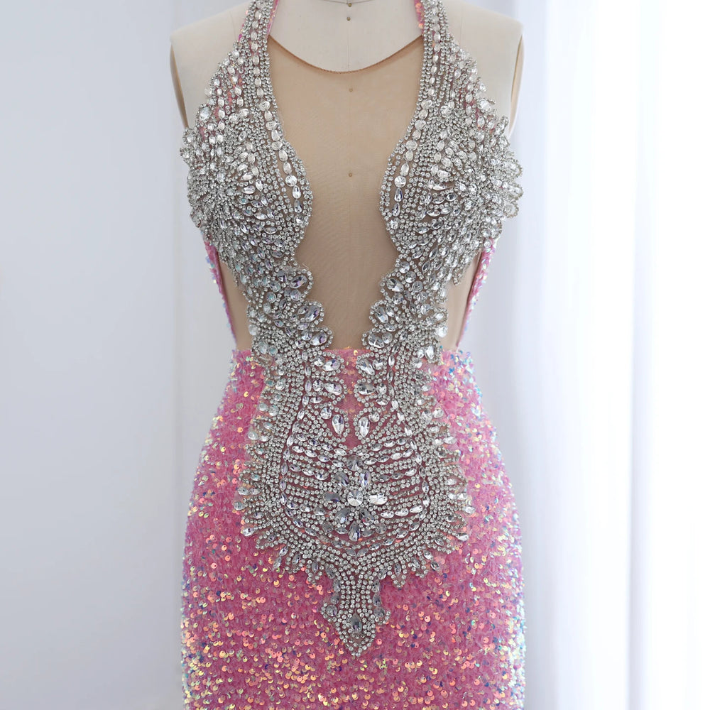 A pink dress with silver embellishments