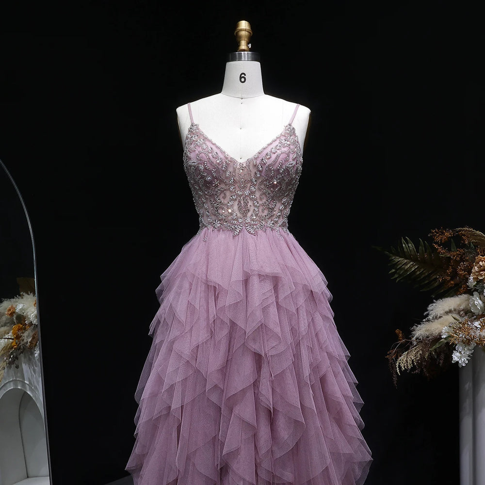 Beaded sequin bodice detail on V-neck evening gown