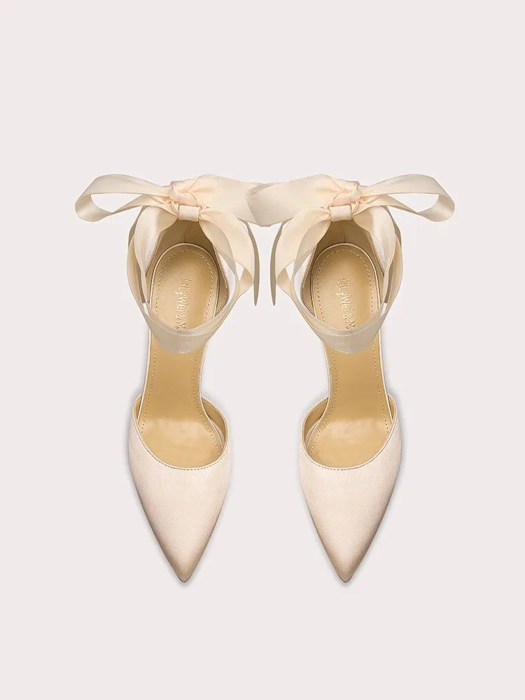 Platform bow ankle party pumps in neutral beige silk