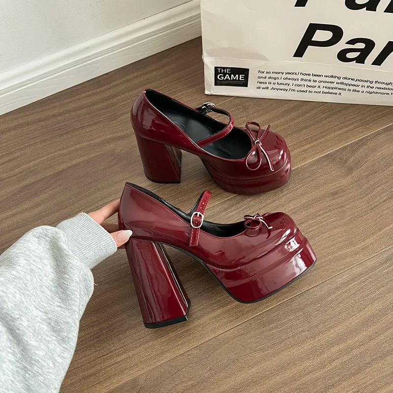 Wine red platform Mary Jane block heel shoes worn indoors