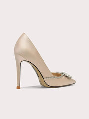 Pointed embellished occasion heels in beige silk and crystal