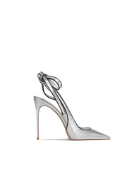 Pointed metallic stiletto party pumps in silver microfiber
