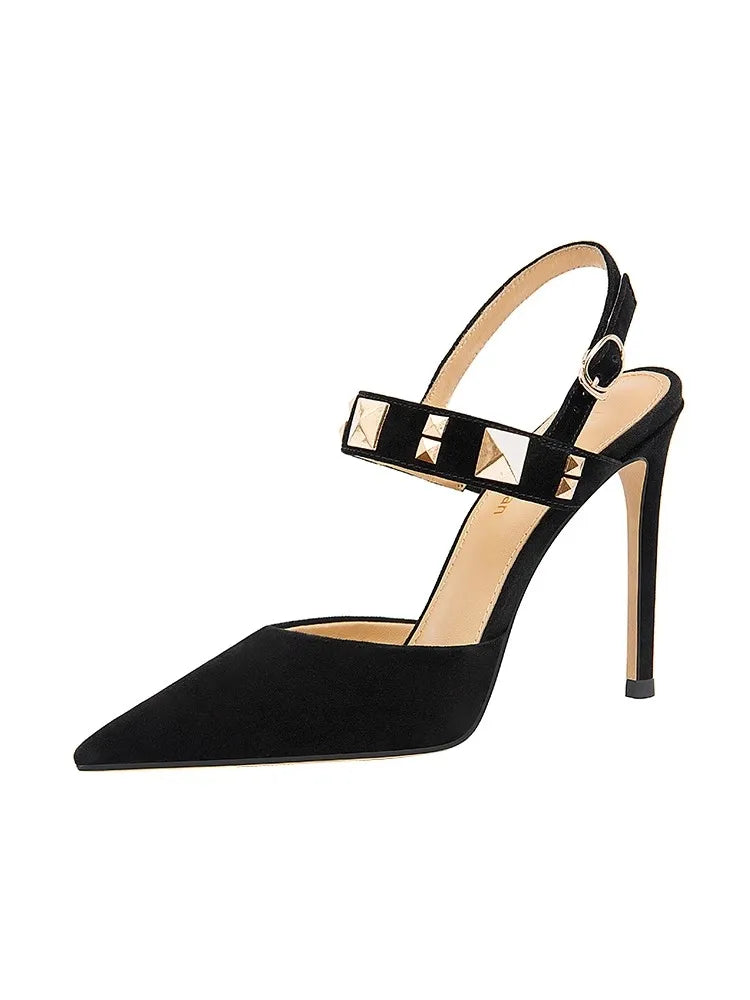 Pointed toe black dress sandals designed for women’s night out