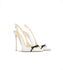 Side view of leather butterfly-knot high heel sandals