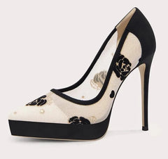 Elegant stiletto heels with embroidery and crystal detail