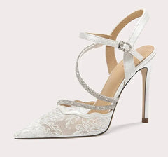 Elegant lace bridal heels with crystal accents