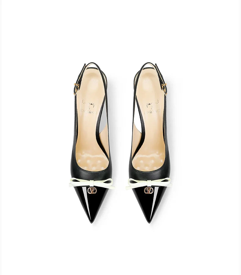 Pointed toe leather stitch sandals with thin heel