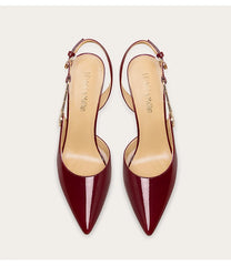 Pointed toe maroon patent heel shown for premium summer party outfit on a light gray background