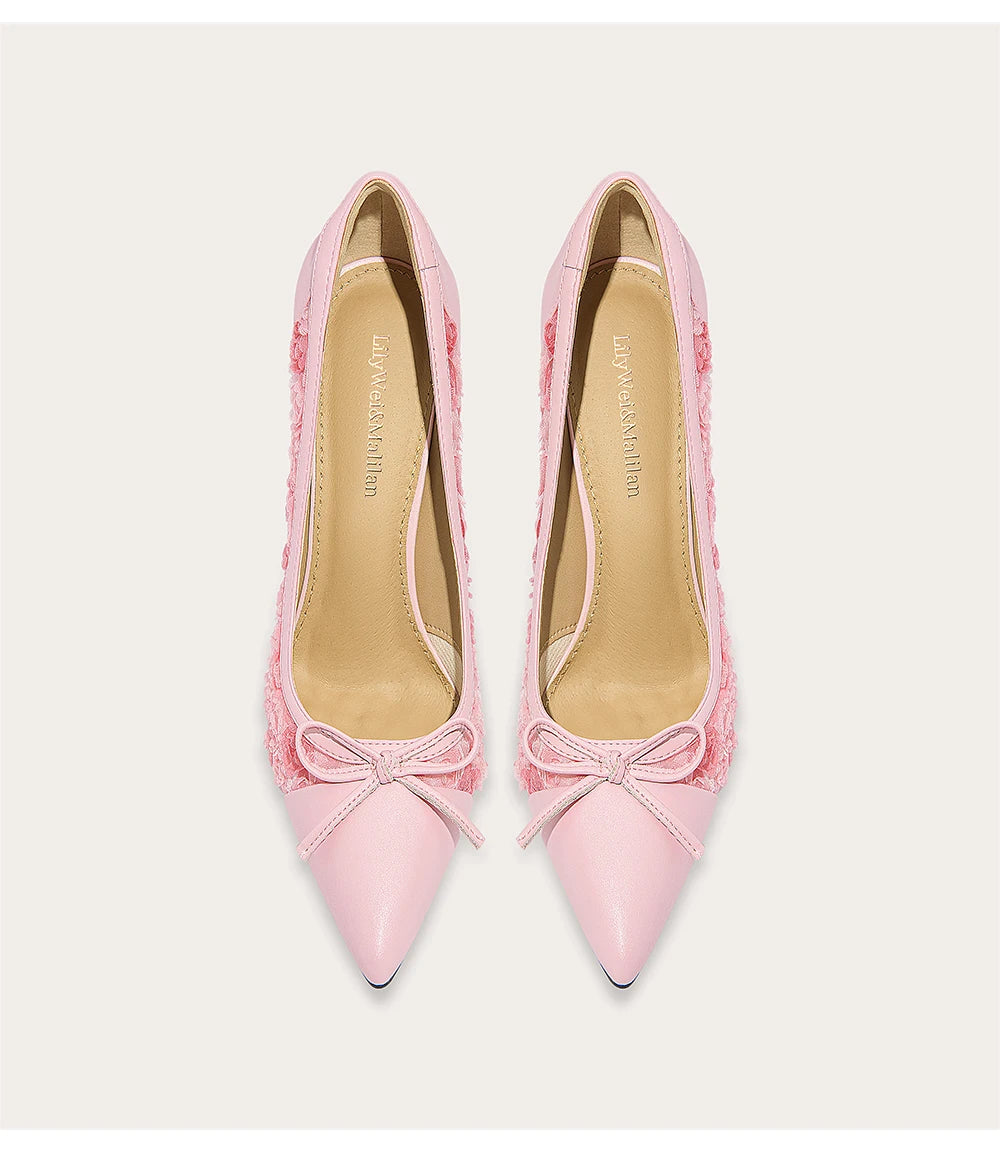 Elegant microfiber leather banquet heels with bow