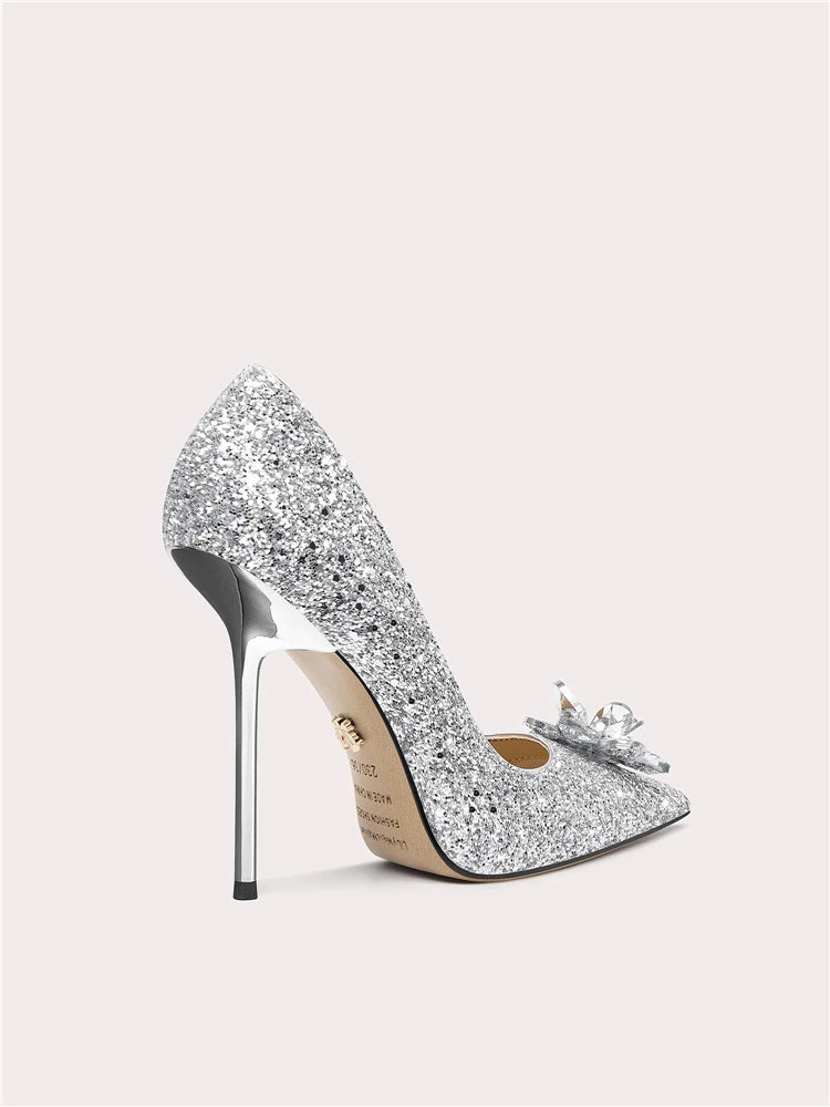 Elegant slip-on stiletto bridal shoes with crystals