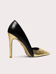 A close-up of the pointed toe shape and heel detail on the shoe.