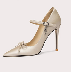 Elegant bridal heels with silk finish and bow accent