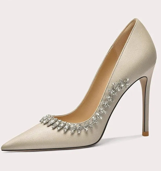 Elegant bridal heels with silk finish and rhinestone accents