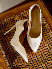 Elegant silk stiletto heels with embroidery detail