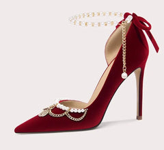 Elegant suede banquet heels with pearl detail