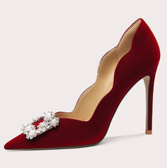 Pointed toe suede pumps with rhinestone accents