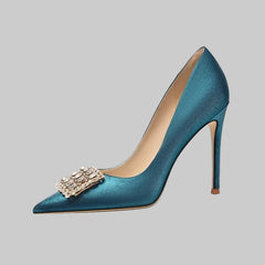 Pointed toe wedding party pumps in blue silk with square embellishment