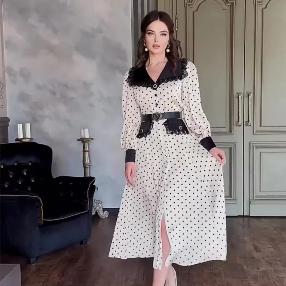 Polka dot belted midi office dress styled for elegant work and brunch looks