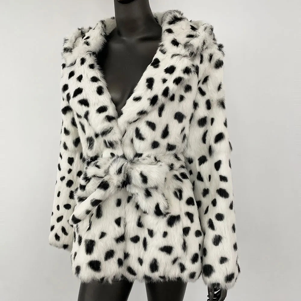 Soft fur coat with hook closure and plush trim