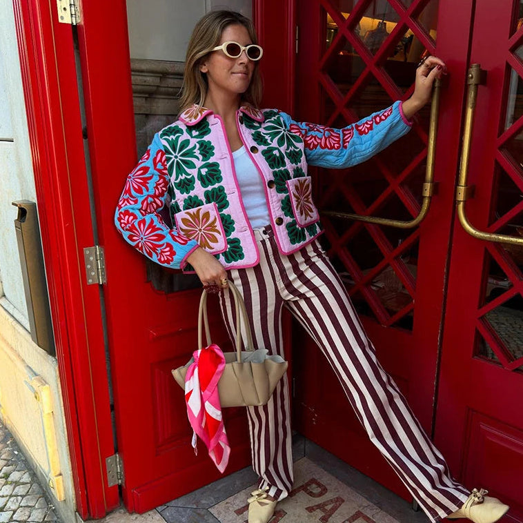 Printed lightweight patchwork jacket paired with striped pants