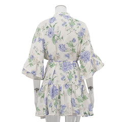 Printed ruffle cuff women’s fall outfit mini dress featured in fresh floral style on a mannequin against a white background