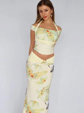 Printed skirt two piece set for parties, vacations, and autumn outings