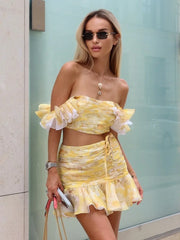 Halter top and ruffle mini skirt yellow floral co-ord set